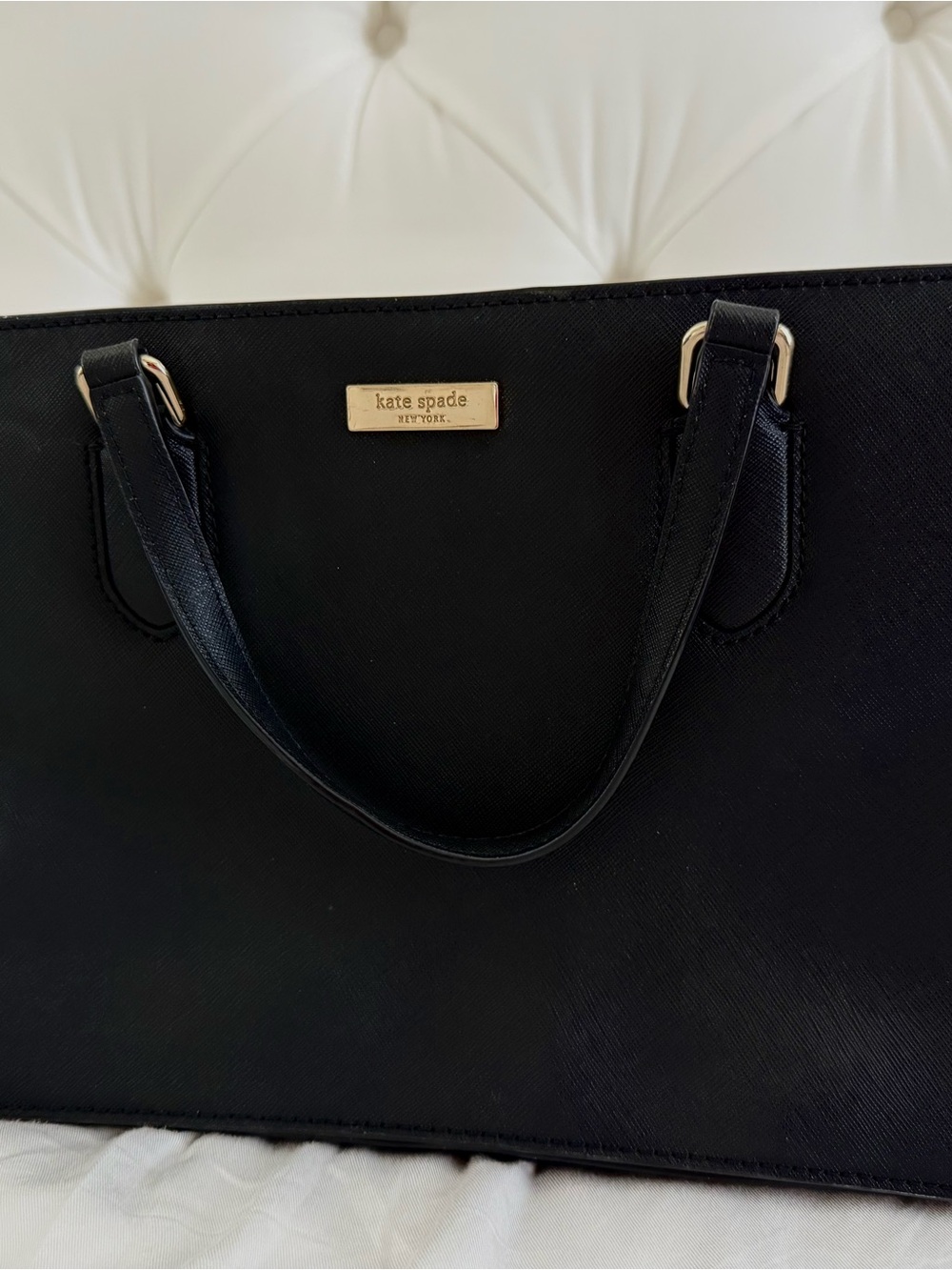 kate spade Black Structured Saffiano Tote with Gold Plaque